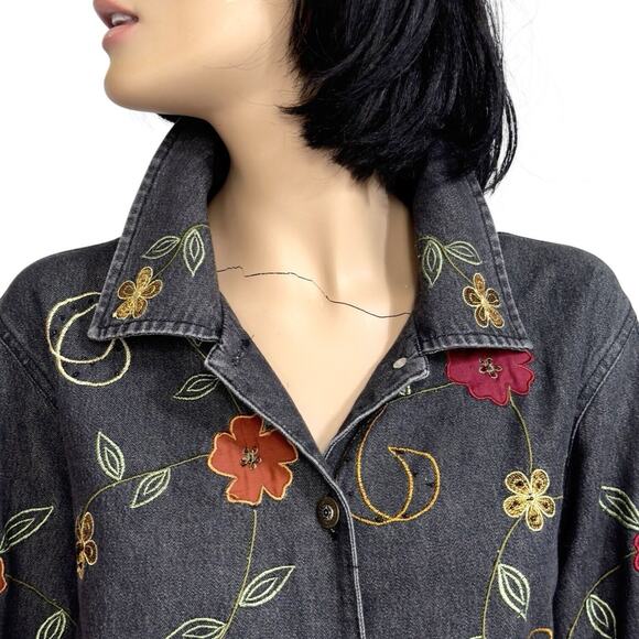 Vintage Floral Embroidered Denim Jacket L Artsy Funky Festival Boho Whimsy Y2k - Picture 5 of 16